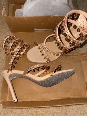Embellished Blush Strappy High Heel Sandals